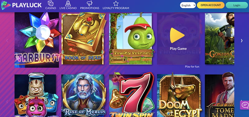 playluck casino games section screenshot